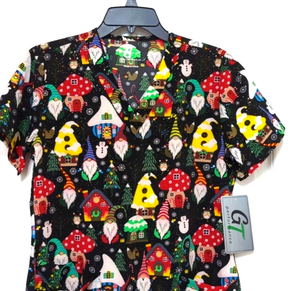 Winter Gnomes Black Sparkle Nursing Scrub Top. Size Small. NWT.